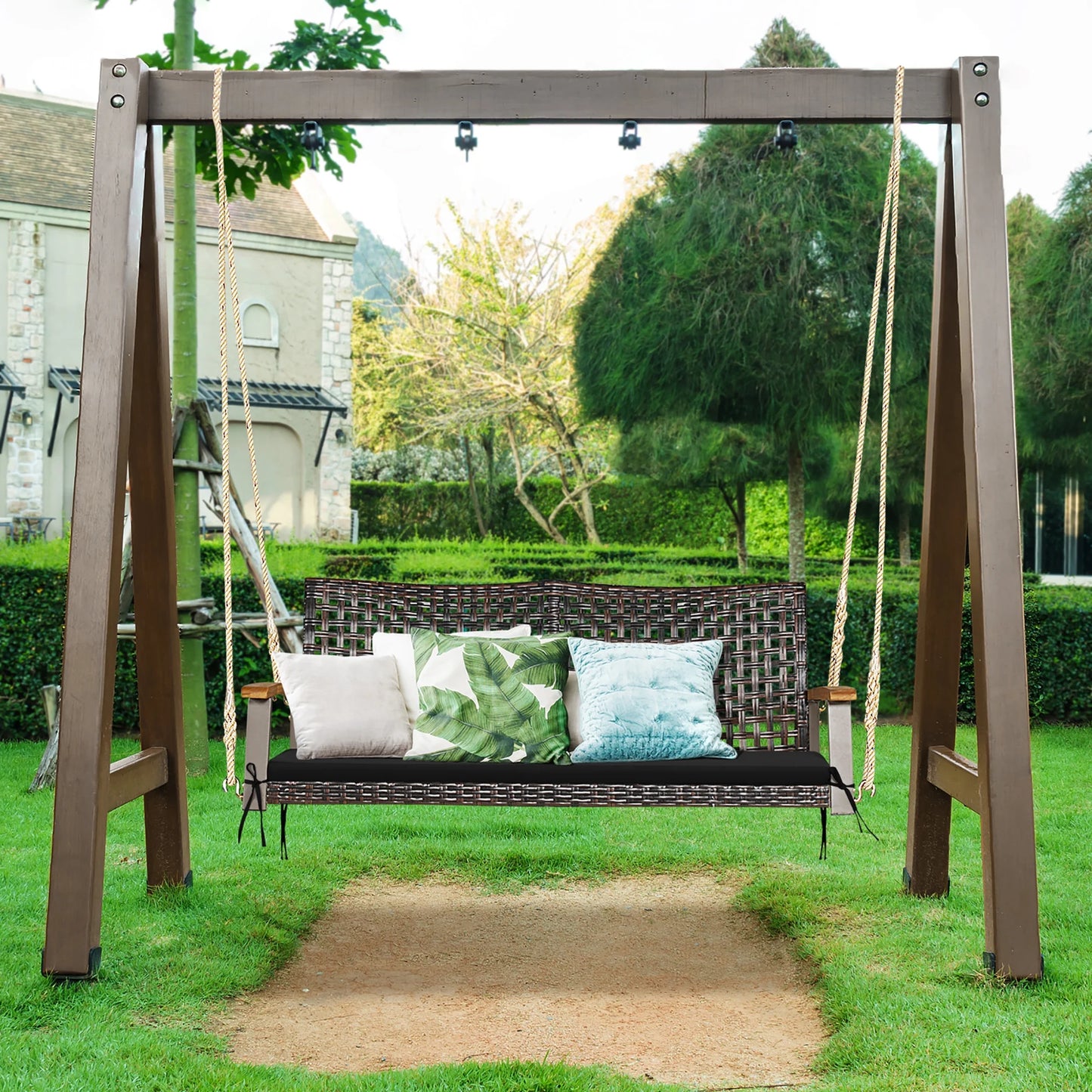 Costway 2-Person Patio Rattan Hanging Swing Chair Porch Loveseat Cushion Black