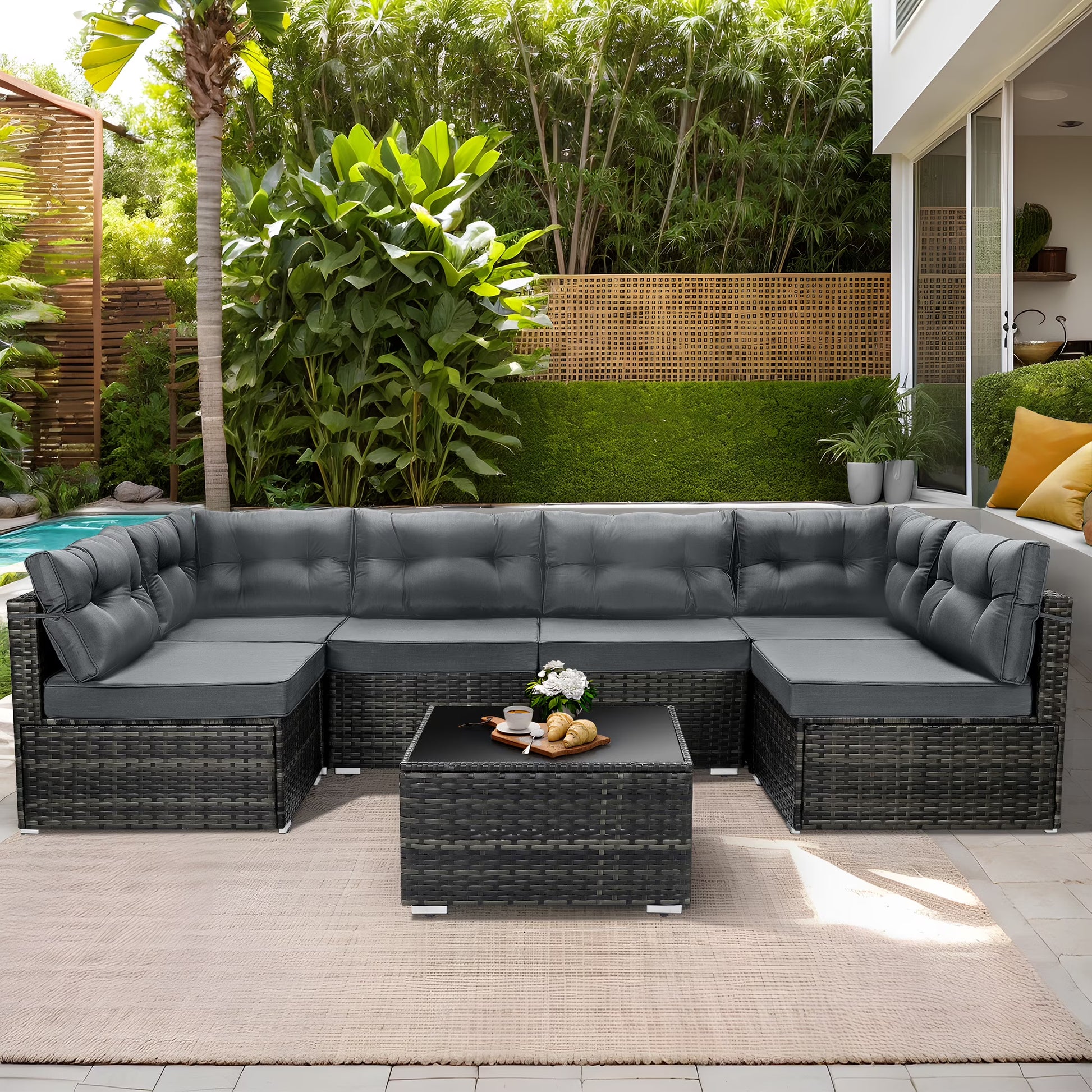 7 Piece Rattan Sectional Sofa Set, Outdoor Conversation Set, All-Weather Wicker Sectional Seating Group with Cushions & Coffee Table, Morden Furniture Couch Set for Patio Deck Garden Pool