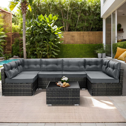 7 Piece Rattan Sectional Sofa Set, Outdoor Conversation Set, All-Weather Wicker Sectional Seating Group with Cushions & Coffee Table, Morden Furniture Couch Set for Patio Deck Garden Pool