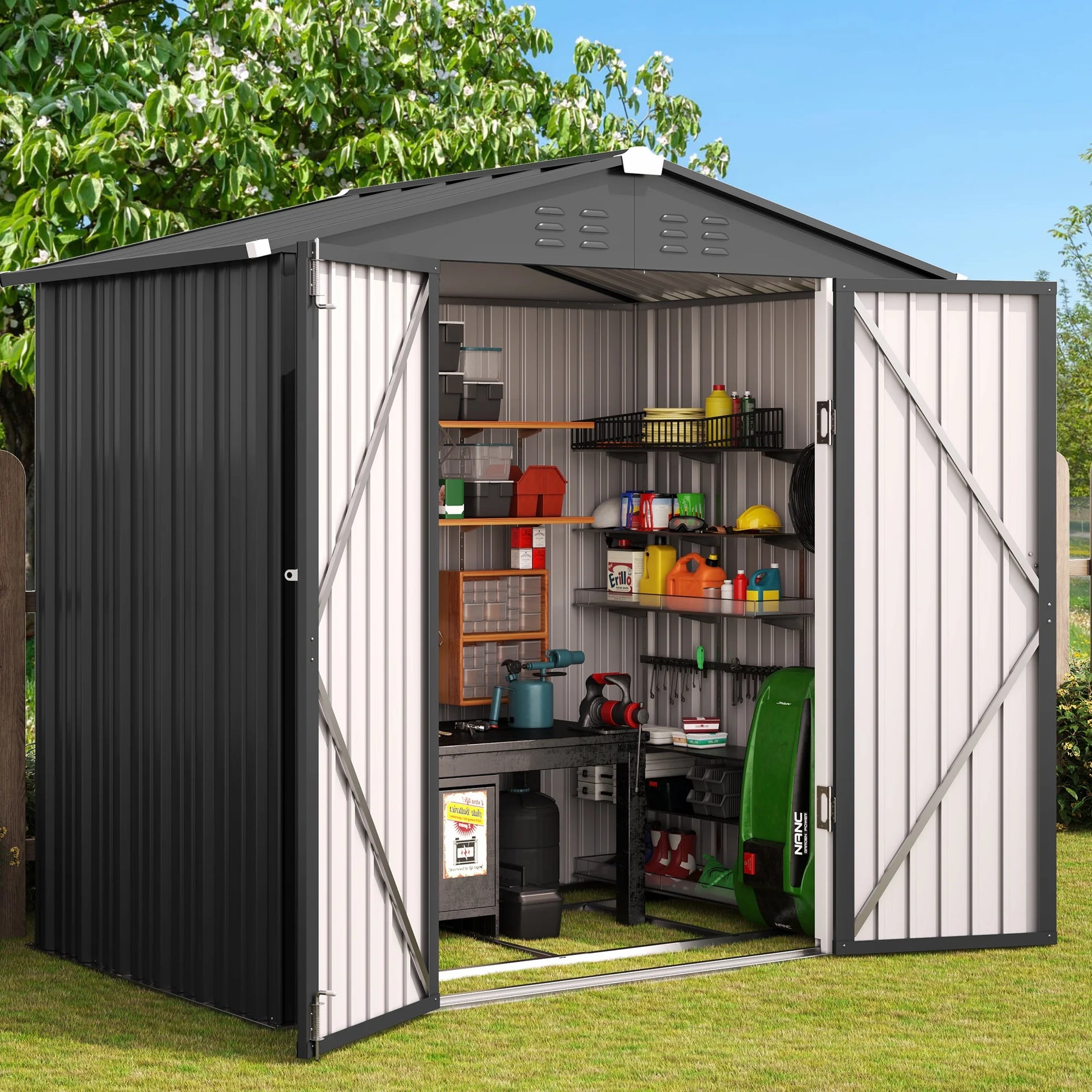 Asofer Outdoor Storage Shed, 6 x 4 FT Metal Garden Shed with Double Lockable Doors,for Backyard Patio Lawn-Dark Grey
