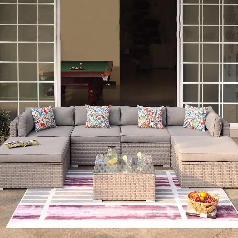 COSIEST 7-Piece Outdoor Patio Furniture Grey Wicker Sectional Sofa Set with Tempered Glass Coffee Table