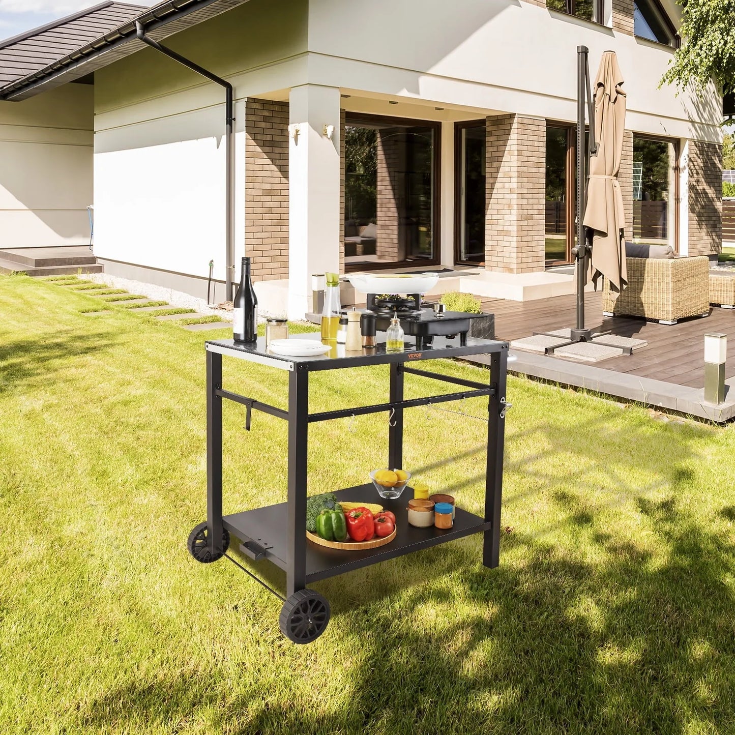 BENTISM Outdoor Grill Dining Cart Double-Shelf BBQ Movable Food Prep Trolley Patio