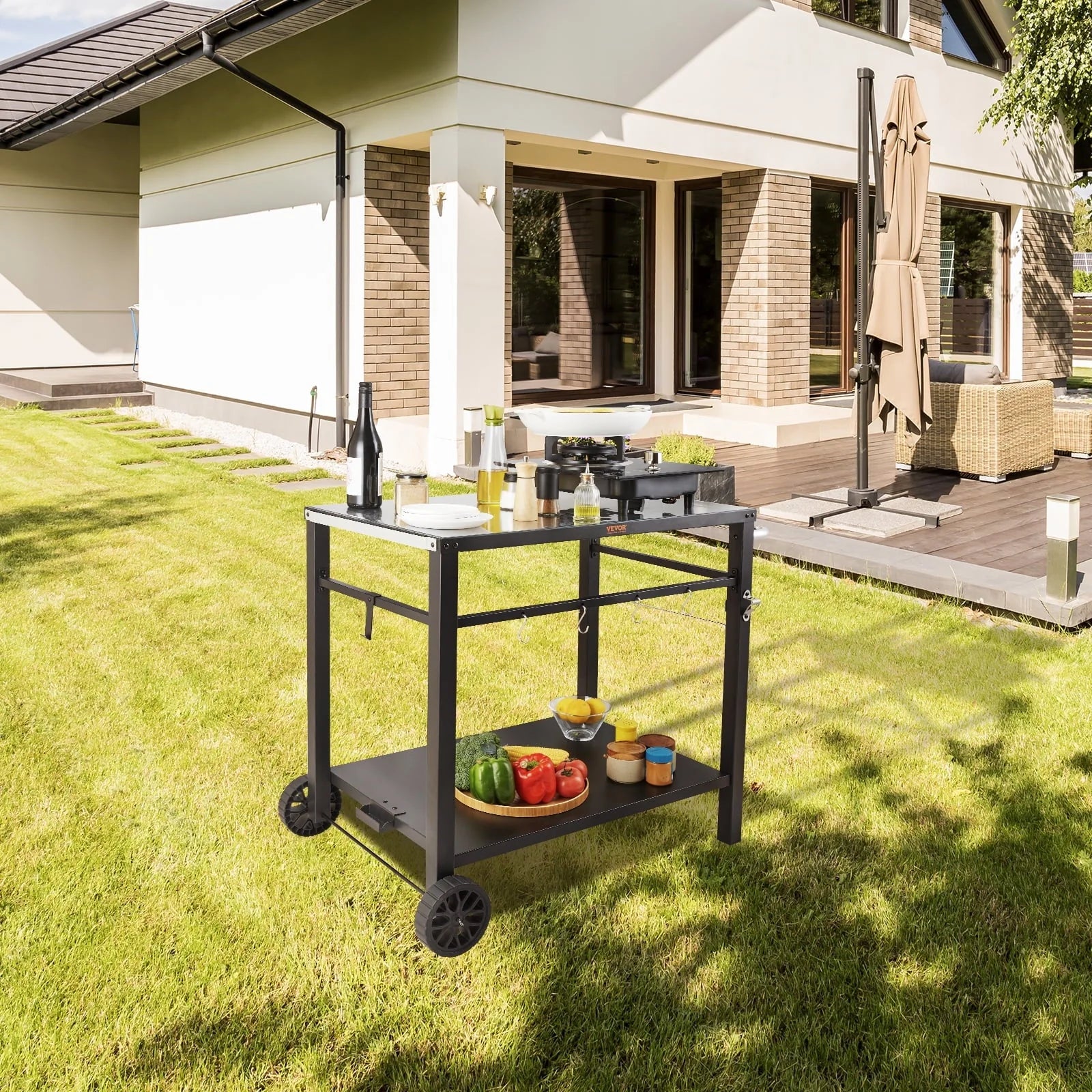 BENTISM Outdoor Grill Dining Cart Double-Shelf BBQ Movable Food Prep Trolley Patio