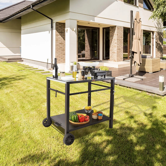 BENTISM Outdoor Grill Dining Cart Double-Shelf BBQ Movable Food Prep Trolley Patio