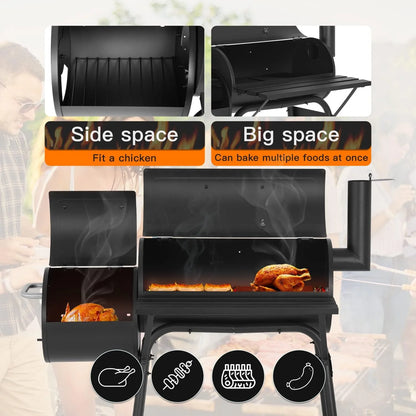 YRLLENSDAN 43 Inch Charcoal Grills with Smoker, BBQ Pit BBQ Grill Charcoal Outside Grill for 6-10 People, Offset Smoker, Braised Roast, Patio and Backyard Picnic Grill, Black