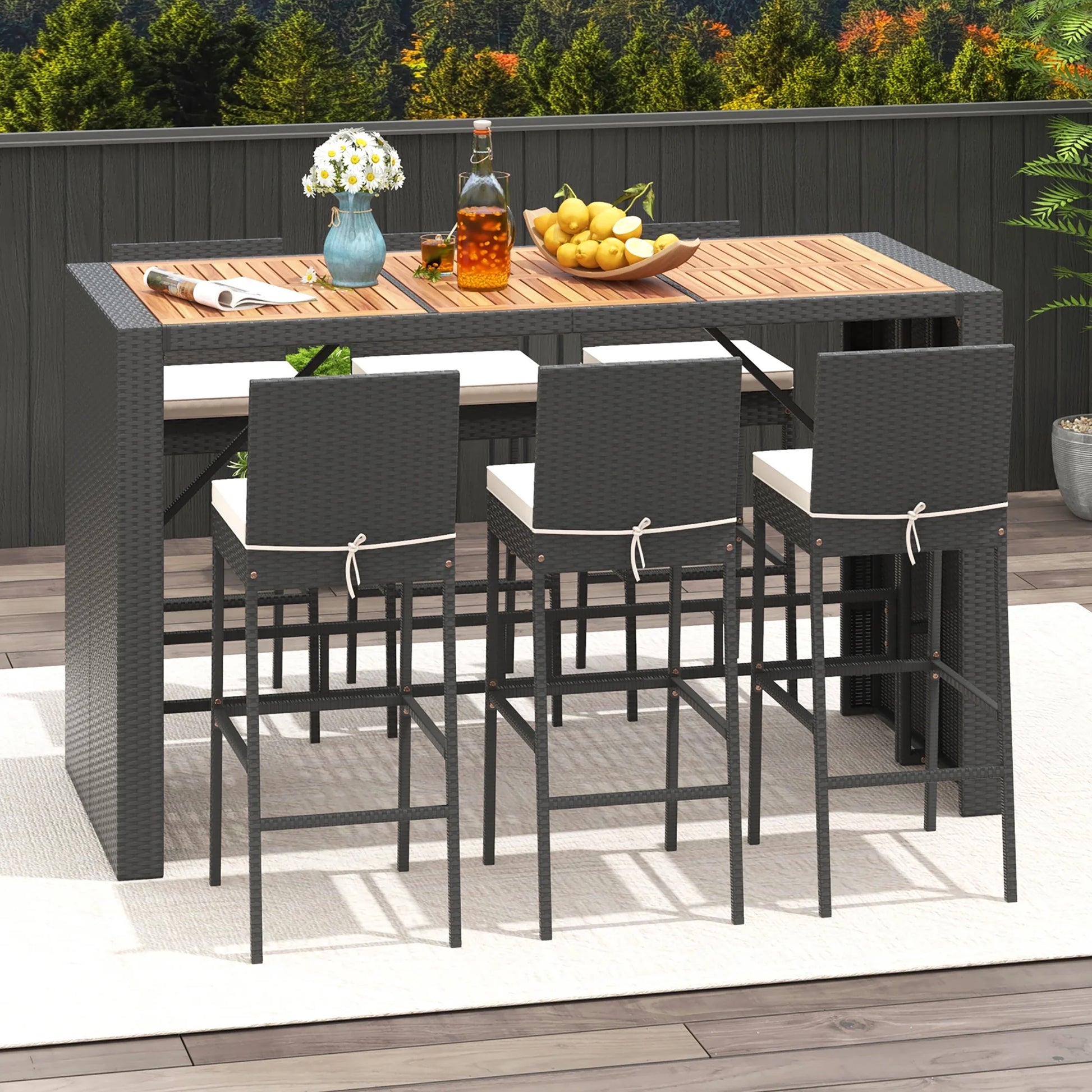 Gymax 7 Pieces Patio Bar Set w/Acacia Wood Tabletop & Removable Cushions Outdoor
