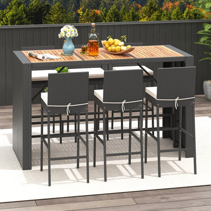 Gymax 7 Pieces Patio Bar Set w/Acacia Wood Tabletop & Removable Cushions Outdoor