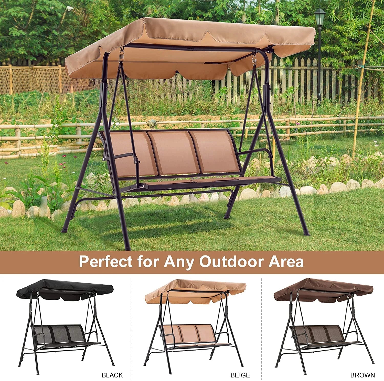 Mcombo Outdoor 3 Person Patio Canopy Swing Chair, Porch Swing, Burgundy