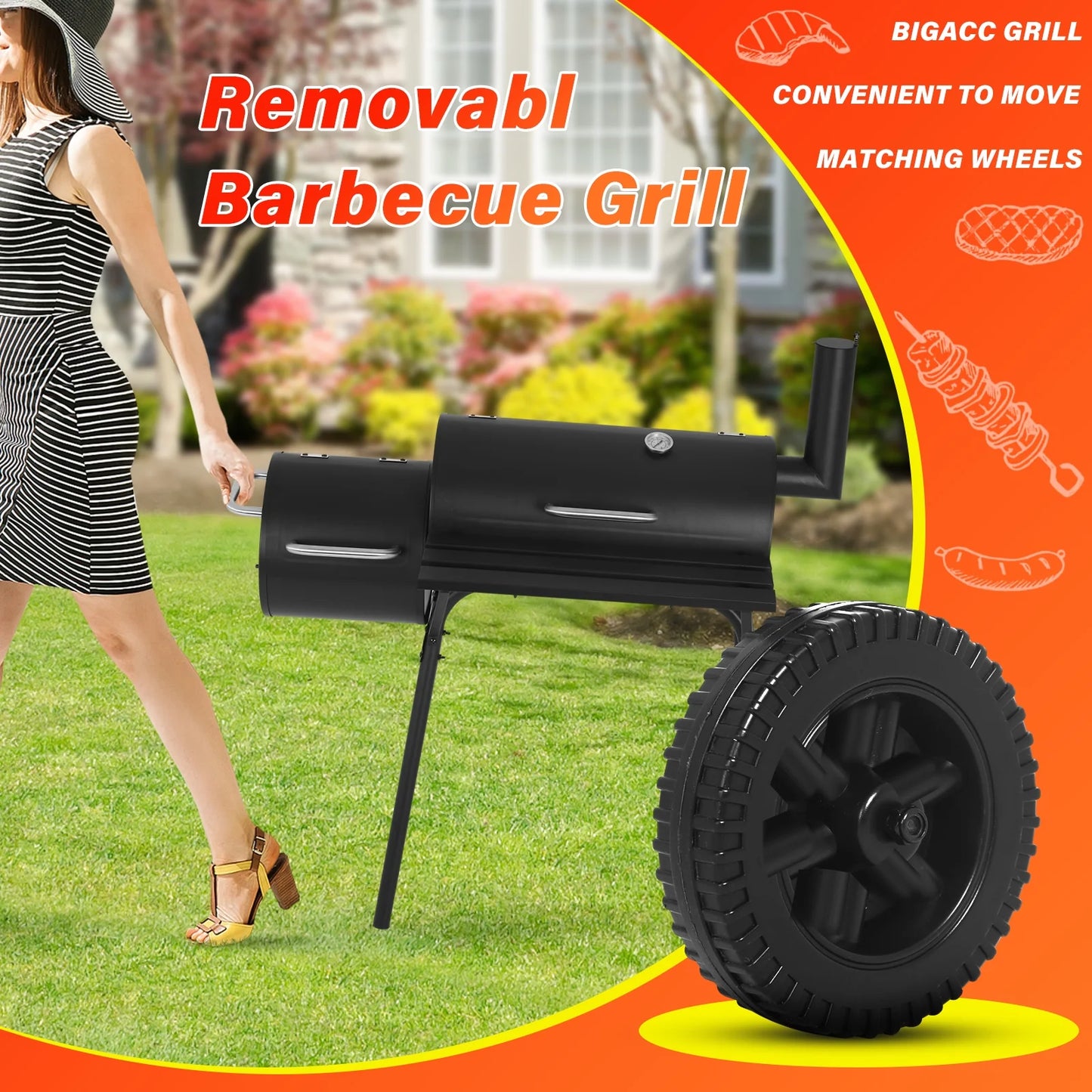 BIQWBIC 43? Charcoal Grill with Offset Smoker - Heavy Duty BBQ Grill for Backyard, Camping & Patio, Portable Charcoal Grills with Temperature Gauge & Wheels, Fits 6-10 People