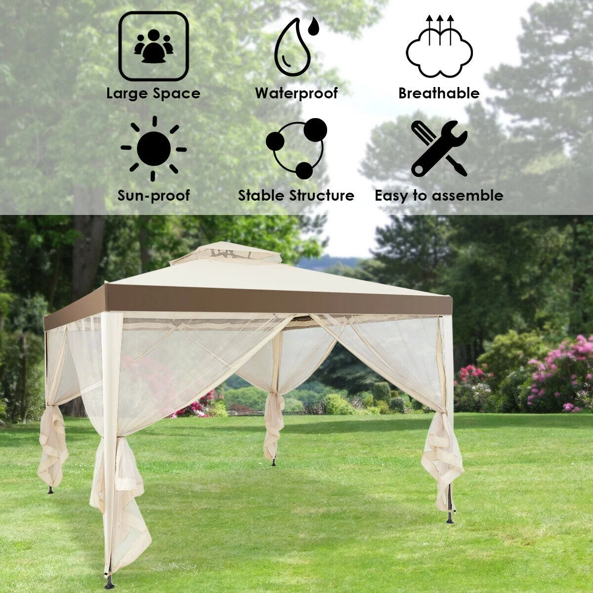 Gymax 10'x 10' Canopy Gazebo Shelter W/Mosquito Netting Outdoor Patio Beige