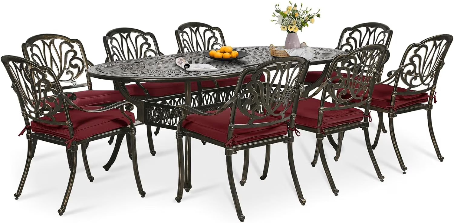 9-Piece Patio Dining Set, Outdoor Patio Table and Chair Set of 84? Oval Cast Aluminum Dining Table with Umbrella Hole and 8 Outdoor Dining Cushion Chairs, Patio Funiture Set for Garden, Navy