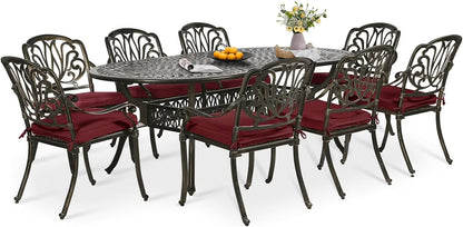 9-Piece Patio Dining Set, Outdoor Patio Table and Chair Set of 84? Oval Cast Aluminum Dining Table with Umbrella Hole and 8 Outdoor Dining Cushion Chairs, Patio Funiture Set for Garden, Navy
