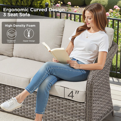 3-Seat Patio Wicker Sofa Outdoor Rattan Couch Furniture Steel Frame with Beige cushion& Waterproof Cover, Gray