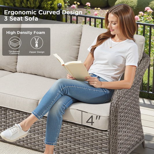 3-Seat Patio Wicker Sofa Outdoor Rattan Couch Furniture Steel Frame with Beige cushion& Waterproof Cover, Gray
