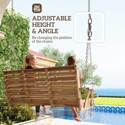 Outsunny Wooden Porch Swing 3-Seater, 5 FT Outdoor Patio Swing Bench with Cupholders, Nature Wood