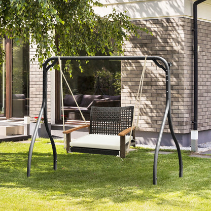 Gymax Rattan Porch Swing Patio Wicker Single Hanging Seat w/Seat Cushion & Acacia Wood Armrests