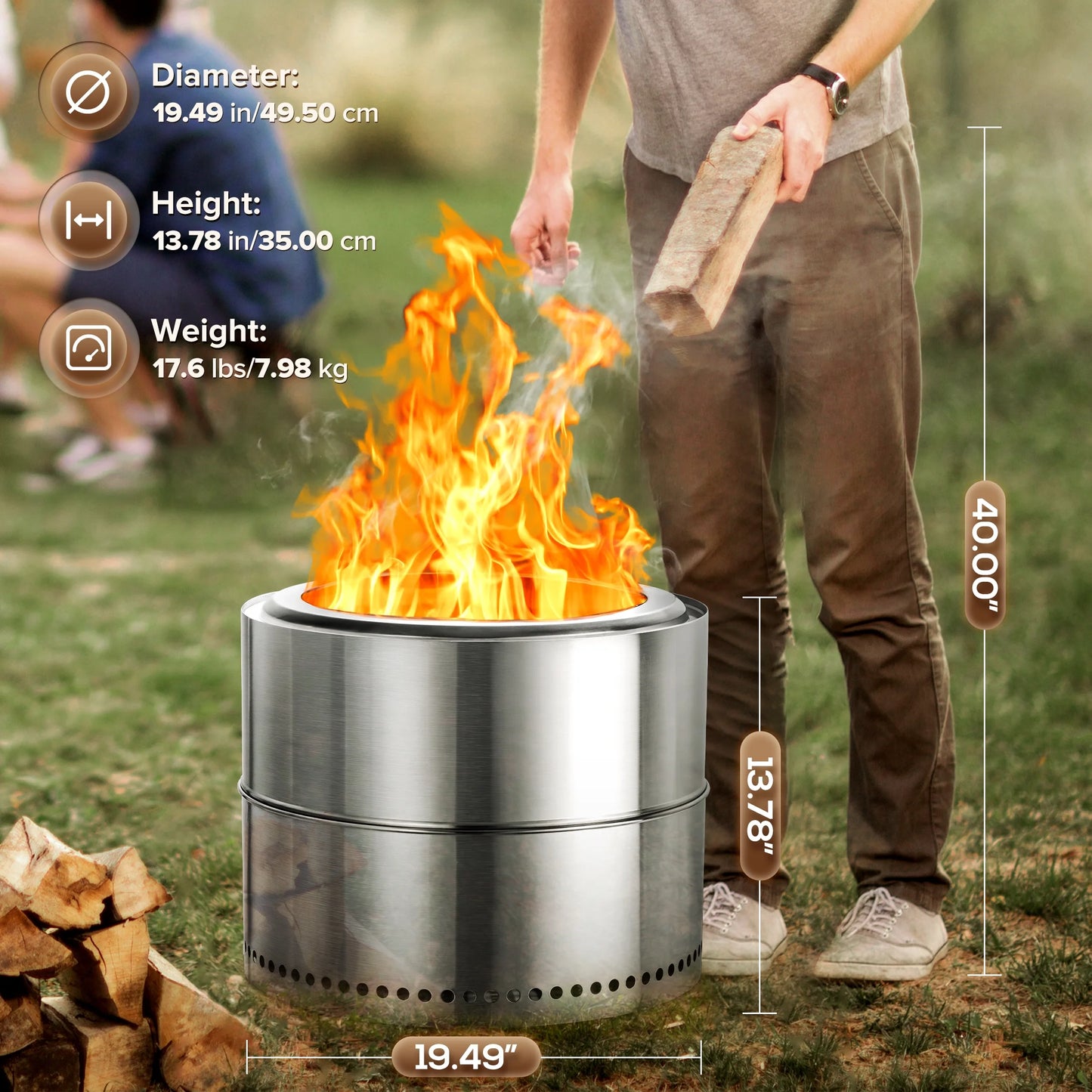 LHRIVER 19.49" Stainless Steel Fire Pit 2.0, Wood and Smokeless Burning, Portable Outdoor Firepit for Camping, Patio