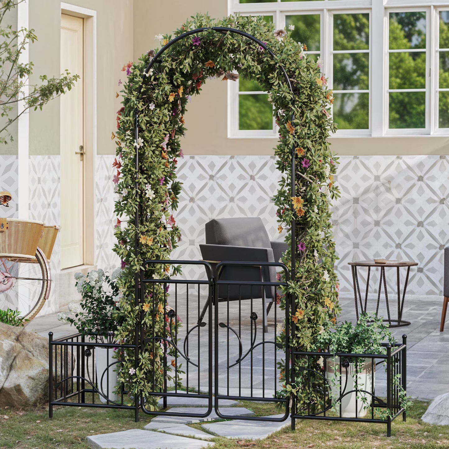 Uforic 87" Metal Garden Arbor Arch with Gate and Planter Boxes, Garden Trellis for Climbing Plants, Patio Wedding Party Lawn Arches Decoration, Black