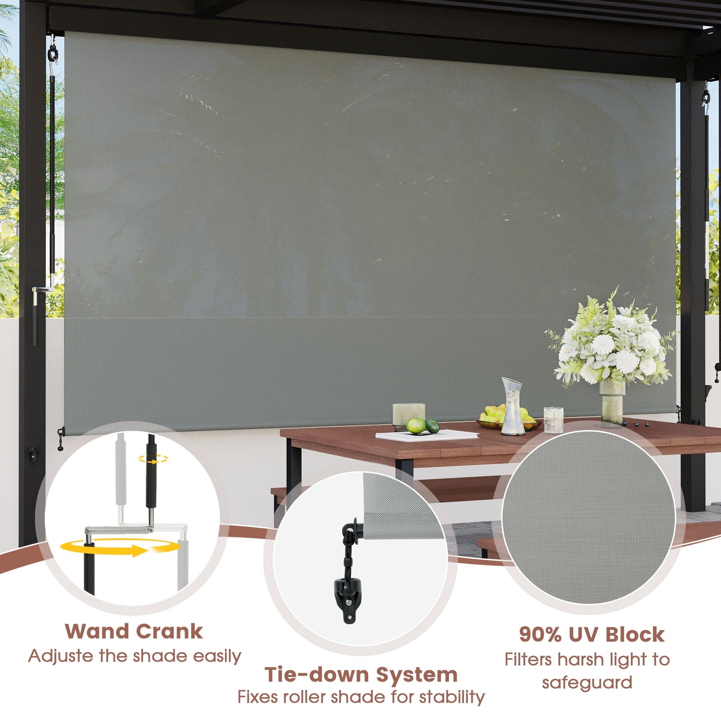 Vicllax 7'Wx8'H Outdoor Roller Shades Blinds for Patio Porch Crank Operation Solar Fabric, Light Gray