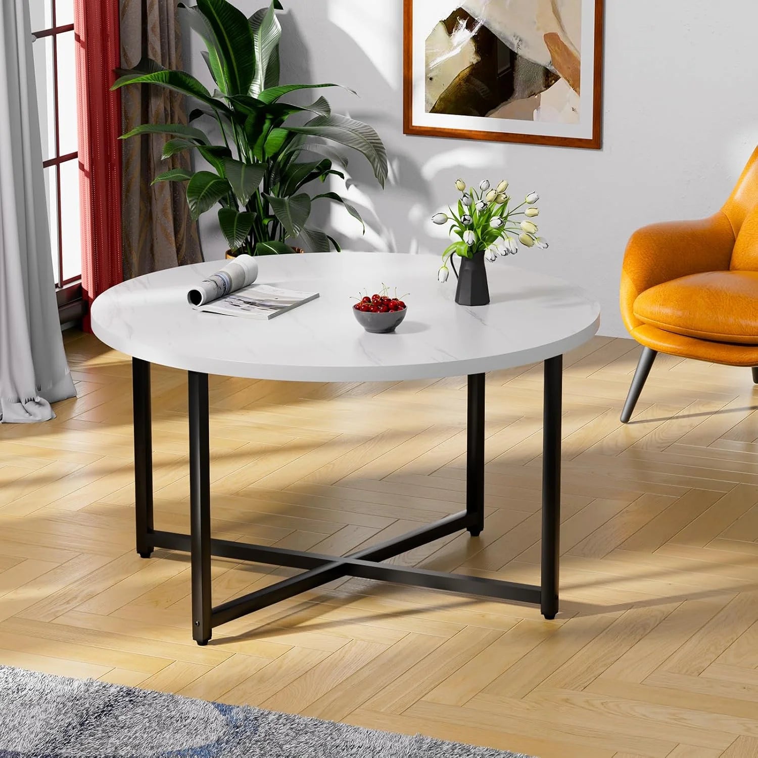 Round Coffee Table, 31.5" Circle Coffee TableRoma Round Coffee Tables Living Room, Large Coffee Table Round for Indoor & Outdoor Use, Office, Patio or Garden, Large Gray(31.5" D x 17.7" H)