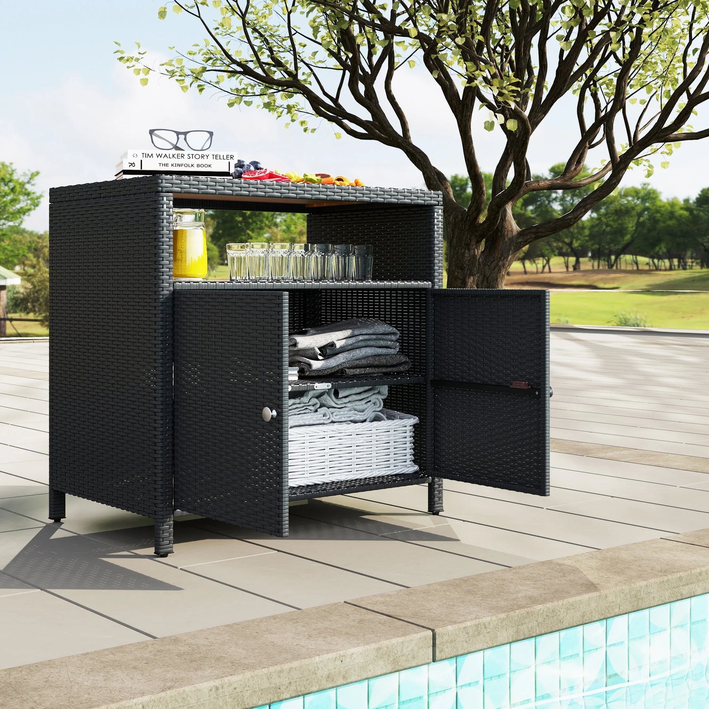 Outsunny Rattan Outdoor Storage Cabinet, Wicker Bar Table with Acacia Wood Countertop, Two Doors, Shelf, for Garden, Patio, Backyard, Black