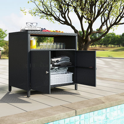 Outsunny Rattan Outdoor Storage Cabinet, Wicker Bar Table with Acacia Wood Countertop, Two Doors, Shelf, for Garden, Patio, Backyard, Black