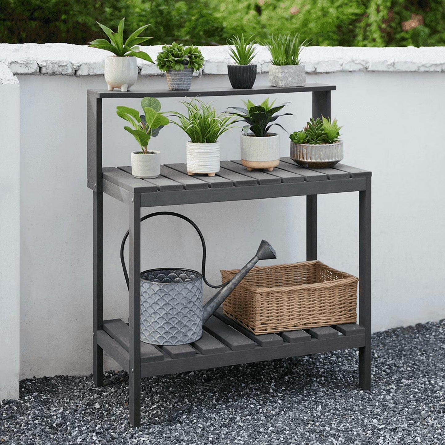 GONICHA Outdoor Poly Lumber Potting Bench, Polystyrene Garden Table with Storage Shelves, All-Weather Patio Work Station for Gardening,Brown