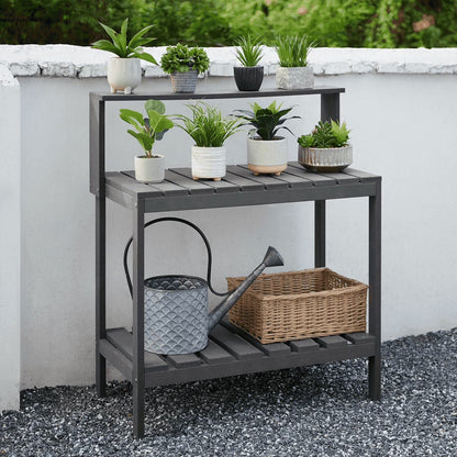 GONICHA Outdoor Poly Lumber Potting Bench, Polystyrene Garden Table with Storage Shelves, All-Weather Patio Work Station for Gardening,Brown