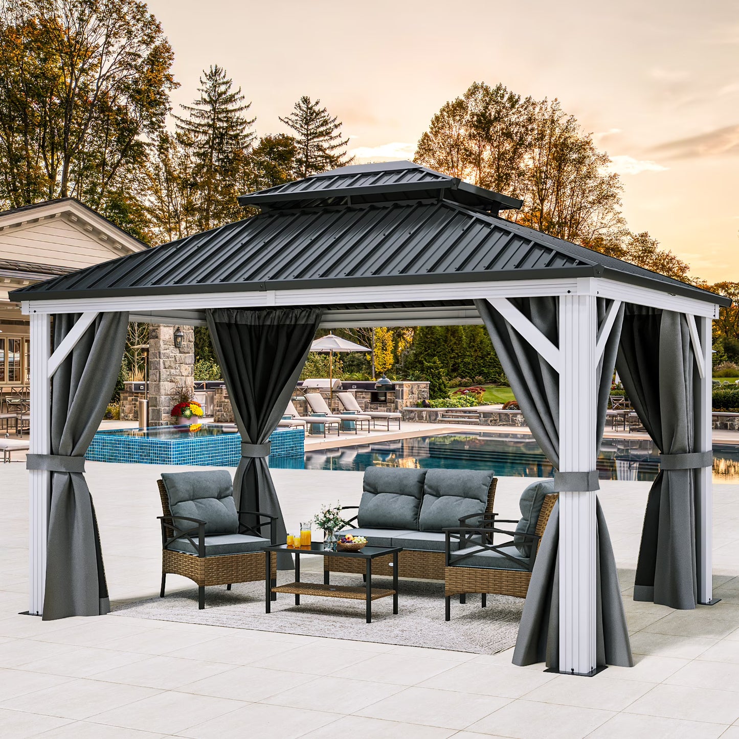 Dextrus 10x12ft Double Roof Hardtop Gazebo with Netting& Curtains, Double Galvanized Iron Aluminum Frame Outdoor White Gazebo,Ideal for Patio, Backyard,Deck and Lawns,Grey Curtain
