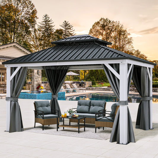 Dextrus 10x12ft Double Roof Hardtop Gazebo with Netting& Curtains, Double Galvanized Iron Aluminum Frame Outdoor White Gazebo,Ideal for Patio, Backyard,Deck and Lawns,Grey Curtain