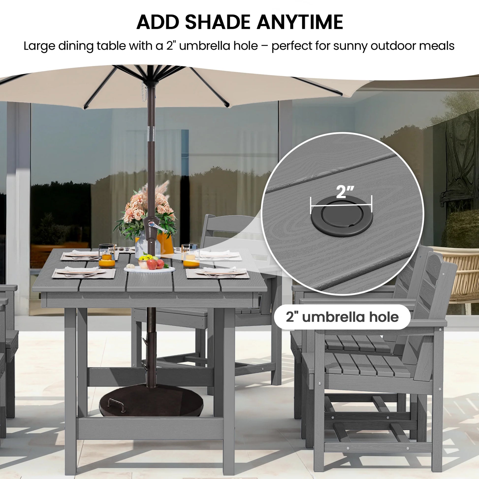 KINGYES 7-Piece Outdoor Dining Set, HDPE Patio Table and Chairs with Umbrella Hole, Gray