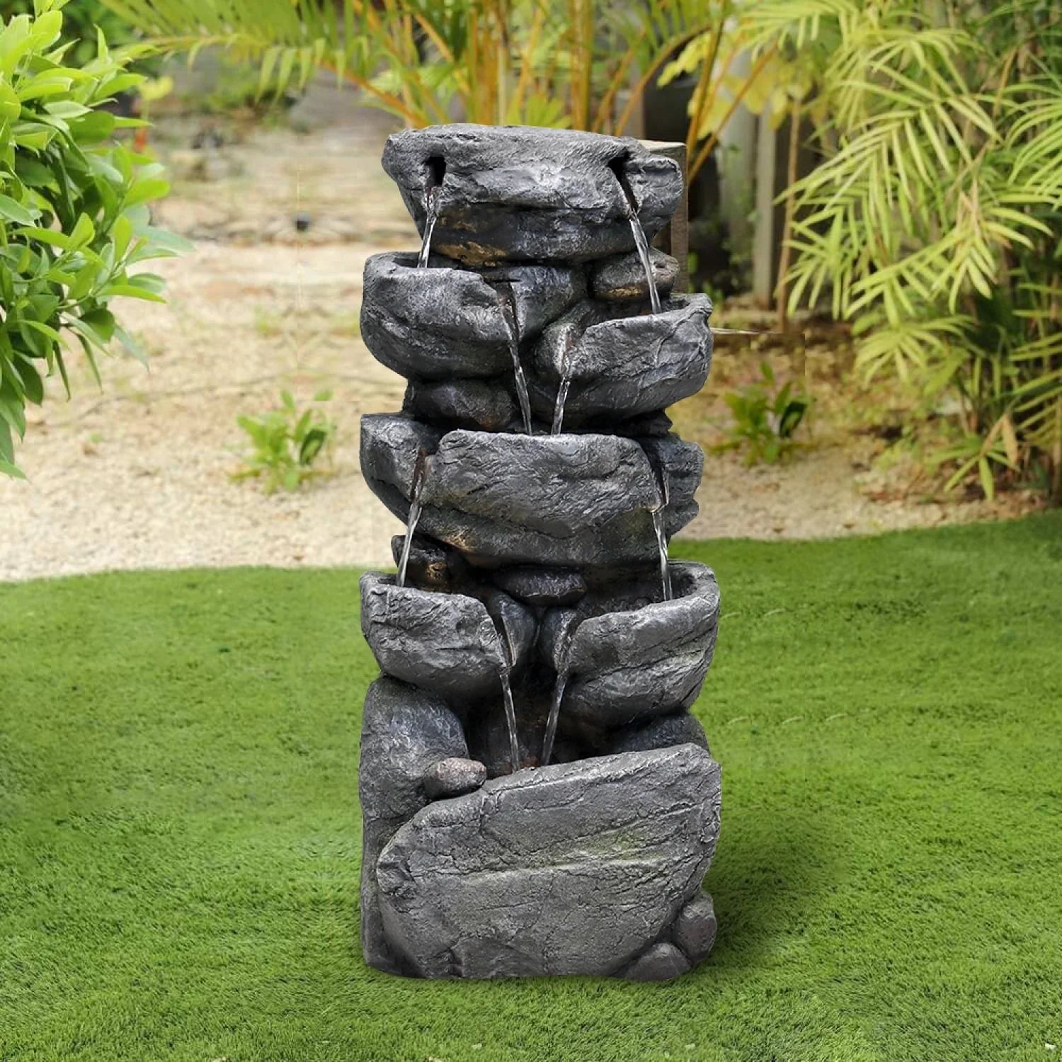 chrismas clearnace! Stacked Rock Fountain with LED Lights - Outdoor Water Fountains Cascading Floor Water Feature Art Decor for Garden,Pation, Deck, Porch