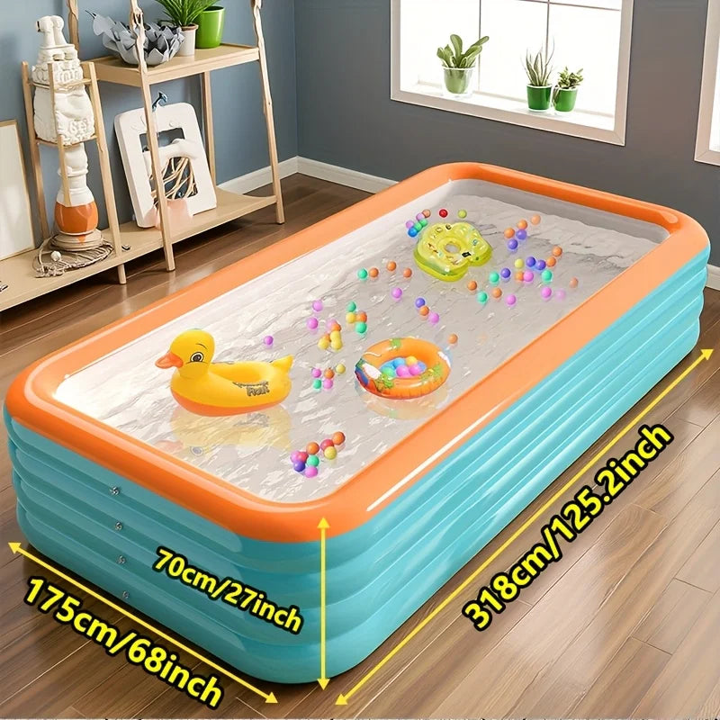 Super Large 3.1m 4-Layer Heightened & Thick Inflatable Swimming Pool - Foldable PVC Sunscreen Material, 4-Person Capacity, Blue & White Rectangular Design with Smooth Surface for Patio