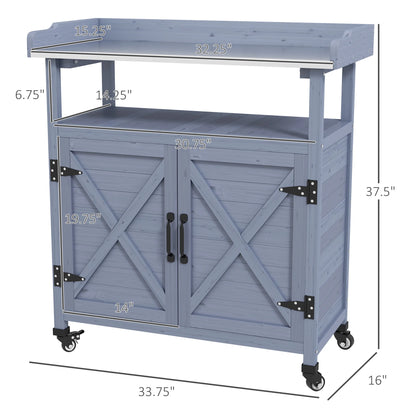 CoSoTower Outdoor Potting Bench, Wooden Potting Table with Storage Cabinet, Aluminum Table Top, Rubber Wheels for Backyard, Patio, Balcony, Gray