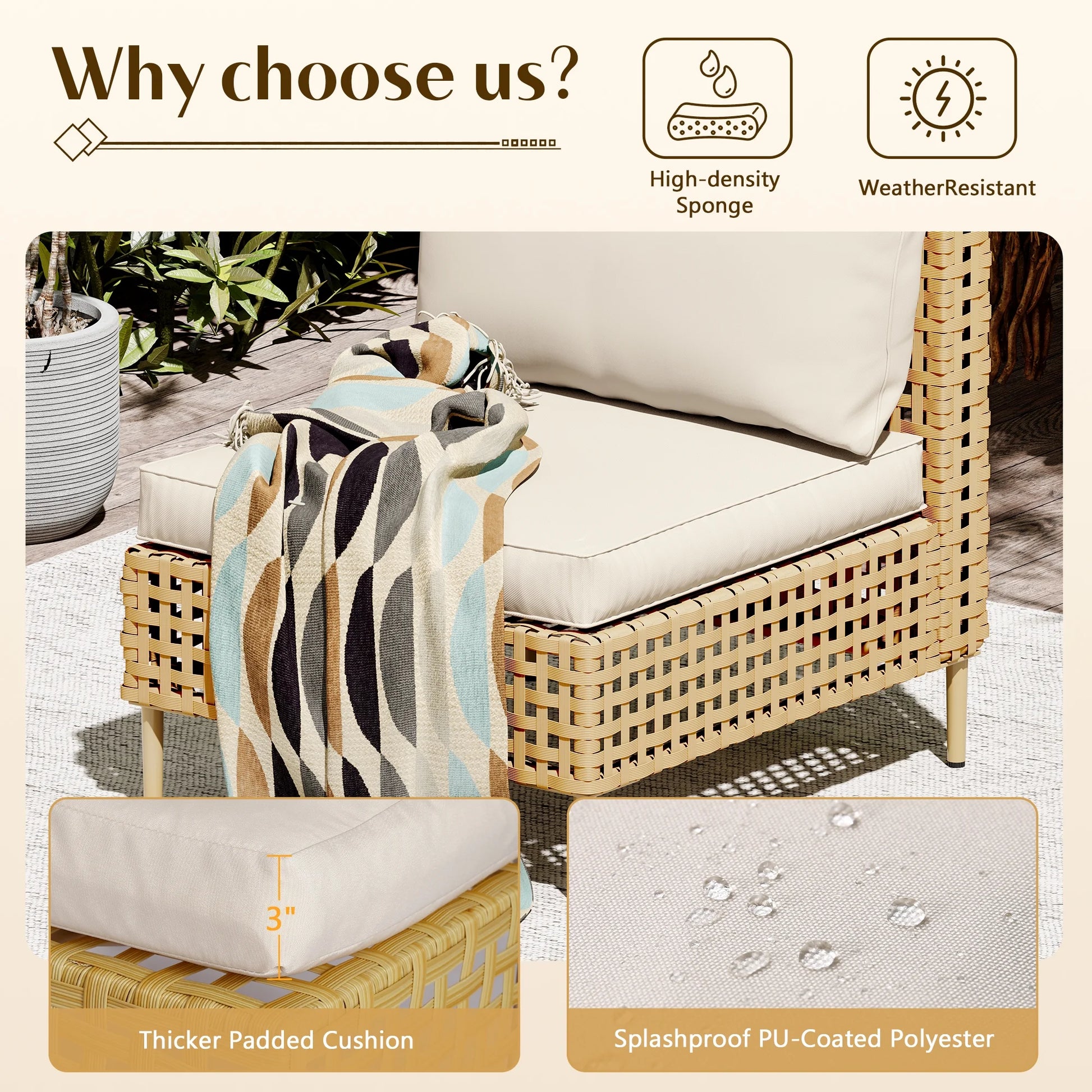 Bifanuo 4-Piece Wicker Outdoor Sectional Sofa, Patio Furniture Set, with Beige Fluffy Cushions (without Coffee Table)