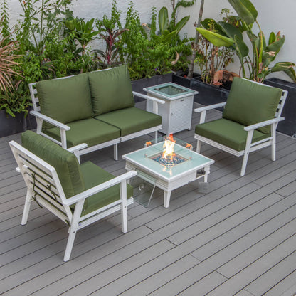 LeisureMod Walbrooke Modern Aluminum 5-Piece Patio Conversation Set with Outdoor Square Fire Pit Slats Design & Side Table Tank Holder, Charcoal