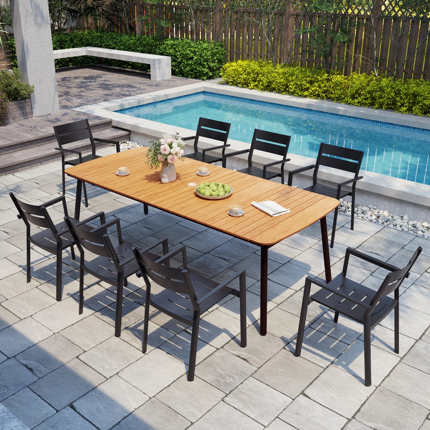 Pellebant 93" Outdoor Dining Table for 8–10 People, Patio Rectangle Table with Wood-Like Tabletop and Umbrella Hole, Aluminum Frame for Garden, Lawn, or Backyard, Brown