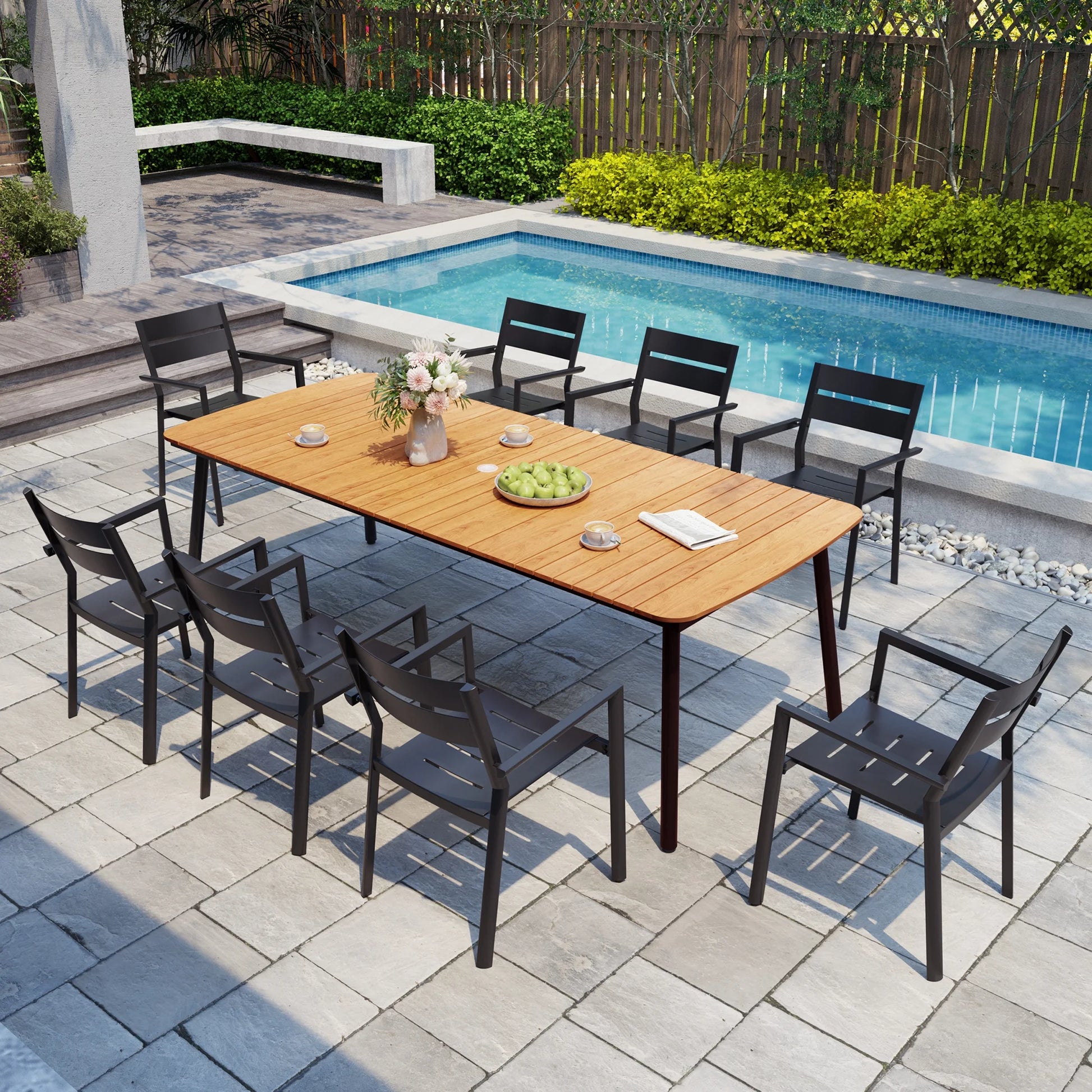 Pellebant 93" Outdoor Dining Table for 8–10 People, Patio Rectangle Table with Wood-Like Tabletop and Umbrella Hole, Aluminum Frame for Garden, Lawn, or Backyard, Brown