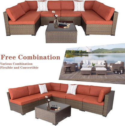 Kinbor 7pcs Outdoor Patio Furniture Sectional Pe Rattan Wicker Rattan Sofa Set with Maple Red Cushions