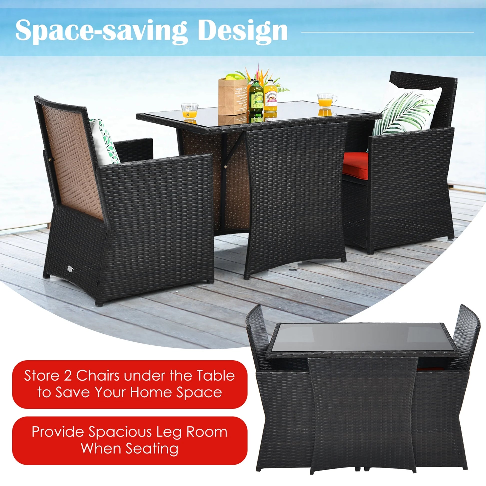 Gymax 3PCS Patio Wicker Bistro Set PE Rattan Dining Table Set w/Red Cushions