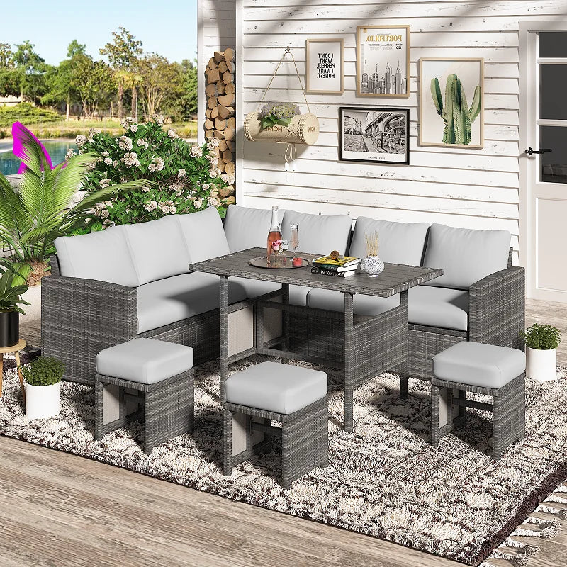 AECOJOY 7 Piece Patio Furniture Set PE Rattan Outdoor Dining Set Sectional Sofa Couch with Table Patio Conversation Set in Gray
