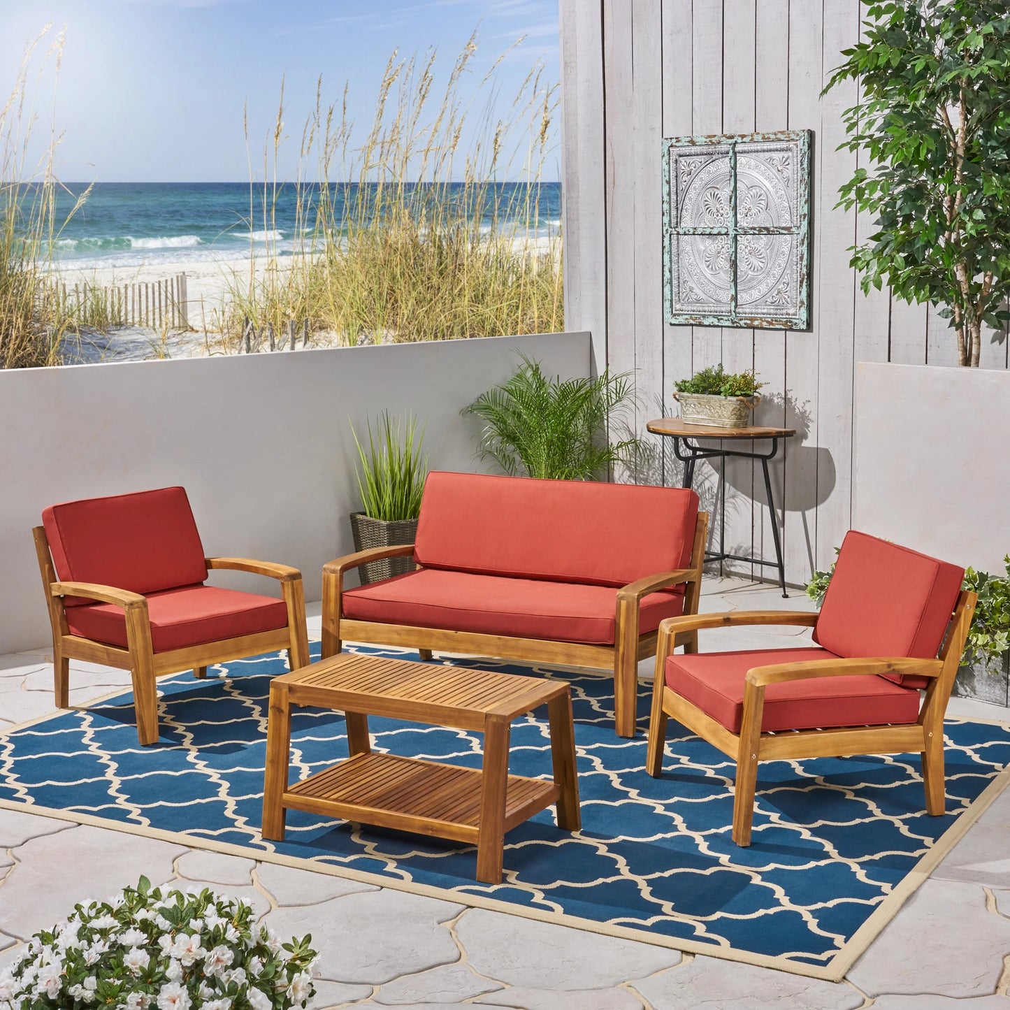 Parma 4 Piece Outdoor Wood Patio Furniture Chat Set with Water Resistant Cushions, Red