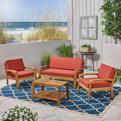 Parma 4 Piece Outdoor Wood Patio Furniture Chat Set with Water Resistant Cushions, Red