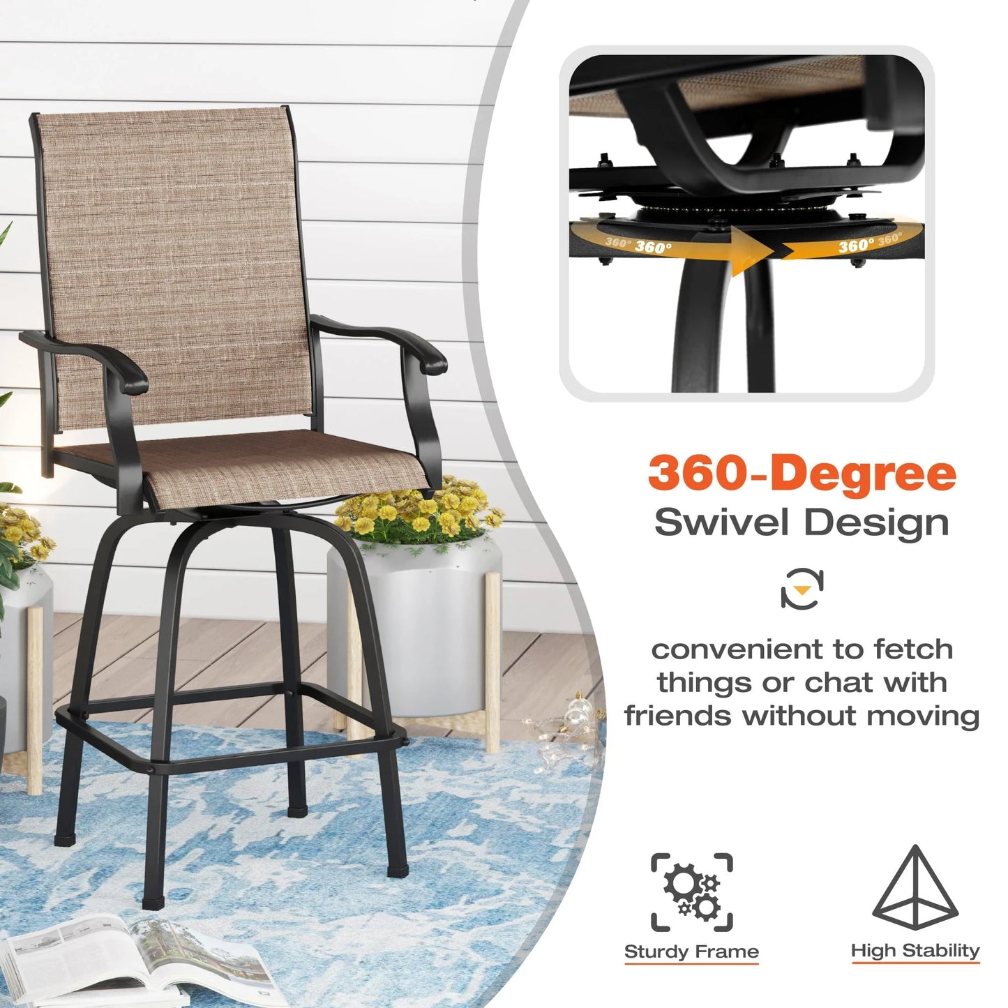 Sophia & William 2 Pcs Outdoor Swivel Metal Bar Stools Patio Height Textilene Chairs in Brown