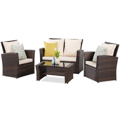 Superjoe 4 Pcs Outdoor Patio Furniture Sets, Wicker Rattan Conversation Set with Coffee table, Brown