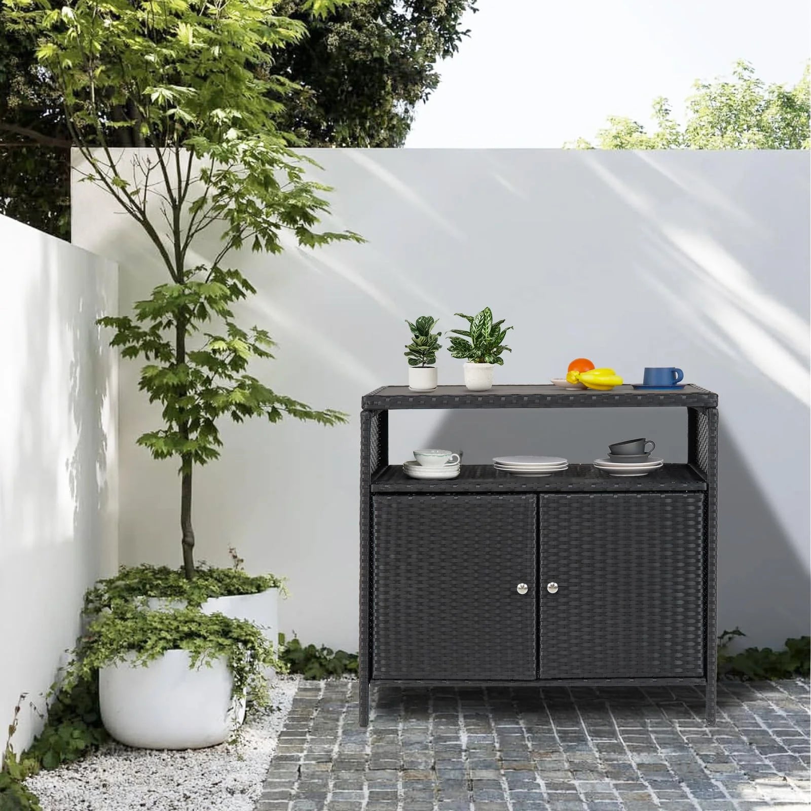 M optimized Patio Outdoor Wicker Storage Cabinet with Shelf, Patio Bar Table with 2-Door and Shelf, All Weather Resin Wicker, Patio Pool Garden Kitchen