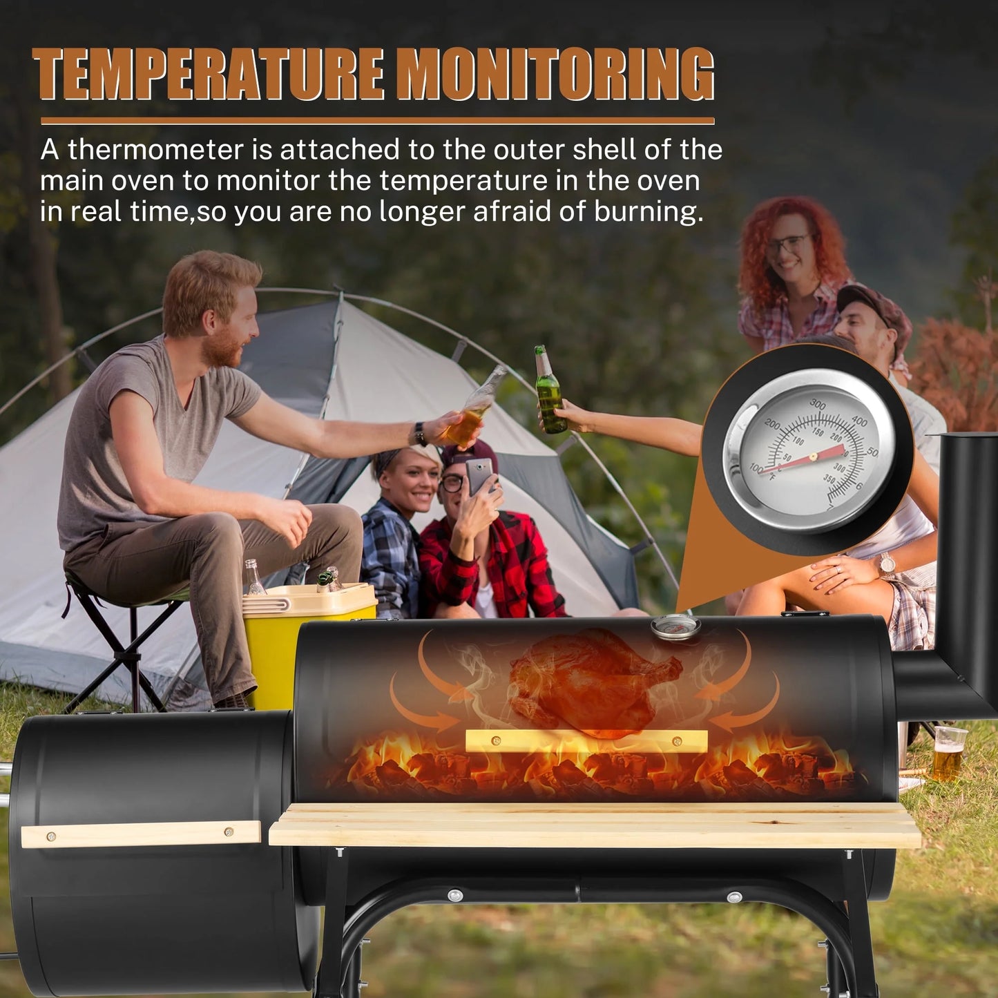 Sesslife 44" Portable Charcoal Grill, with Offset Smoker, Wood Shelf, Thermometer, Wheels, Charcoal BBQ Grill for Outdoor Picnic, Patio, Backyard, Camping, JA1170