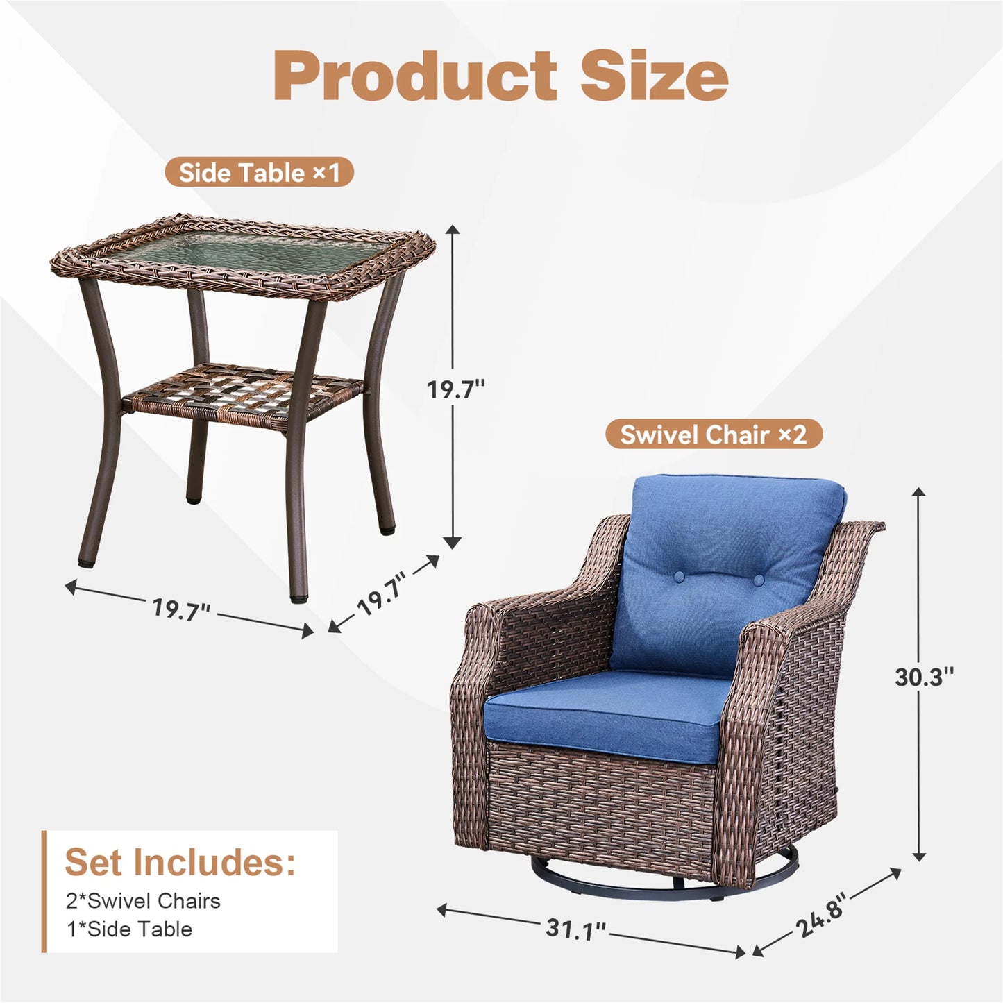 Yeahumalia Outdoor Patio Wicker Swivel Rocking Chair Glider Set of 2 with Side Table for Porch Balcony Backyard, Blue Cushions