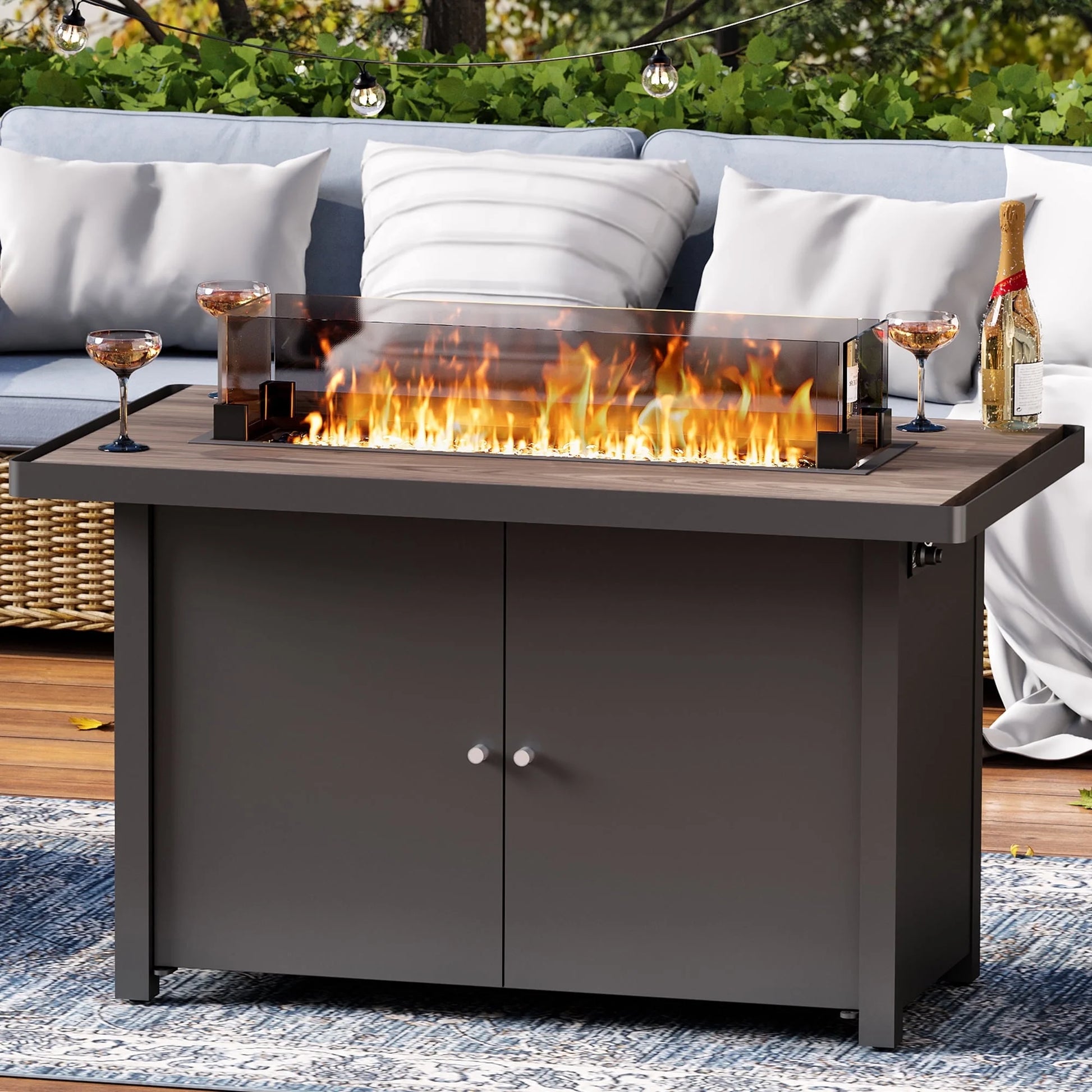 LAUSAINT HOME 43" Outdoor Fire Pit Table , 55,000 BTU Patio Propane Fire Pit with Wood Grain Tabletop & Wind Guard, Black