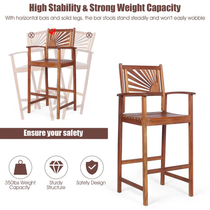 Giantex Patio Bar Stools Set of 4, Outdoor Acacia Wood Bar Chairs with Sunflower Backrest, Curved Armrests & Breathable Seat, Ideal for Balcony, Sunroom, Patio, Easy Assembly